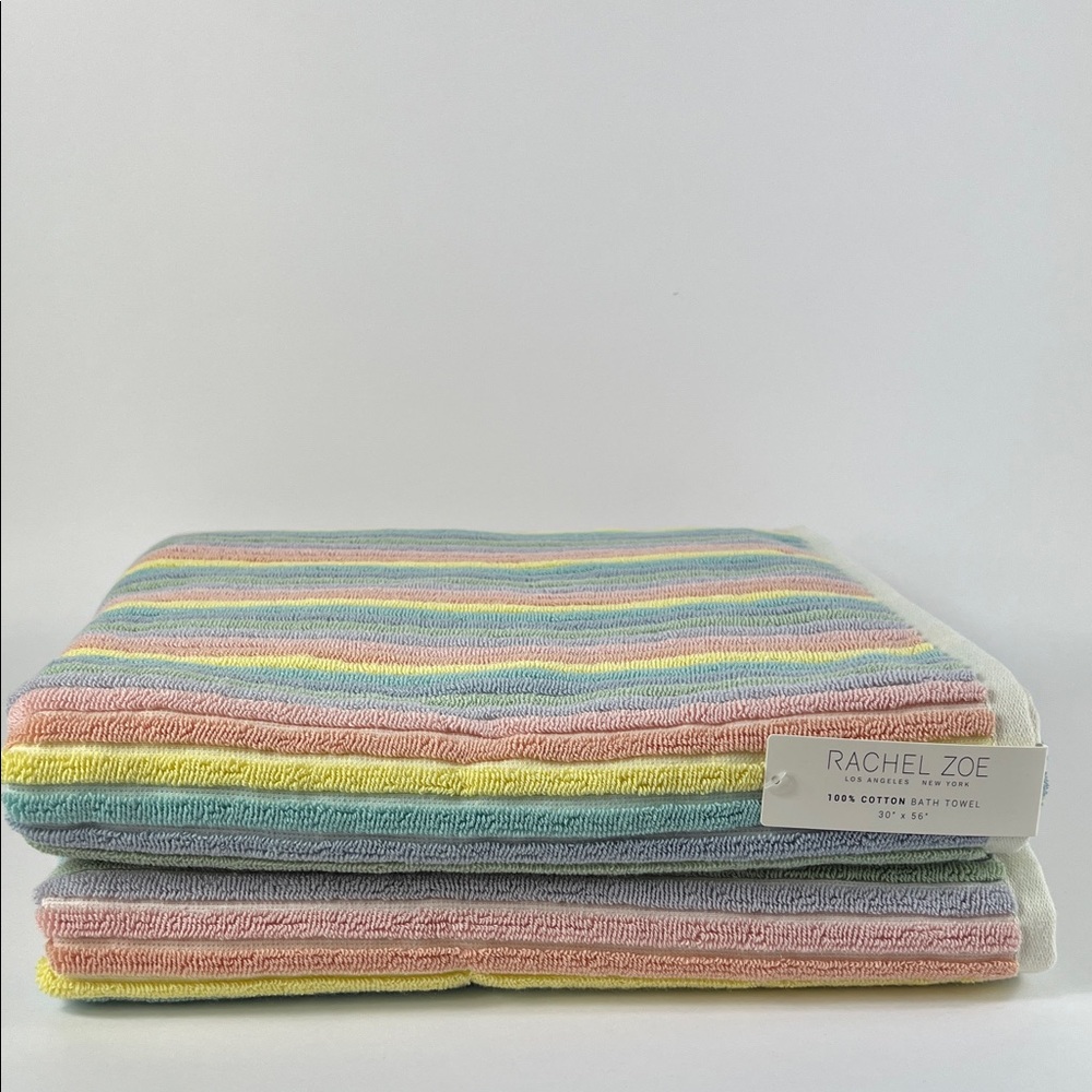 Rachel Zoe Striped Bath Towels Pastel Rainbow Pink Blue Yellow Cotton 2 Pc NEW